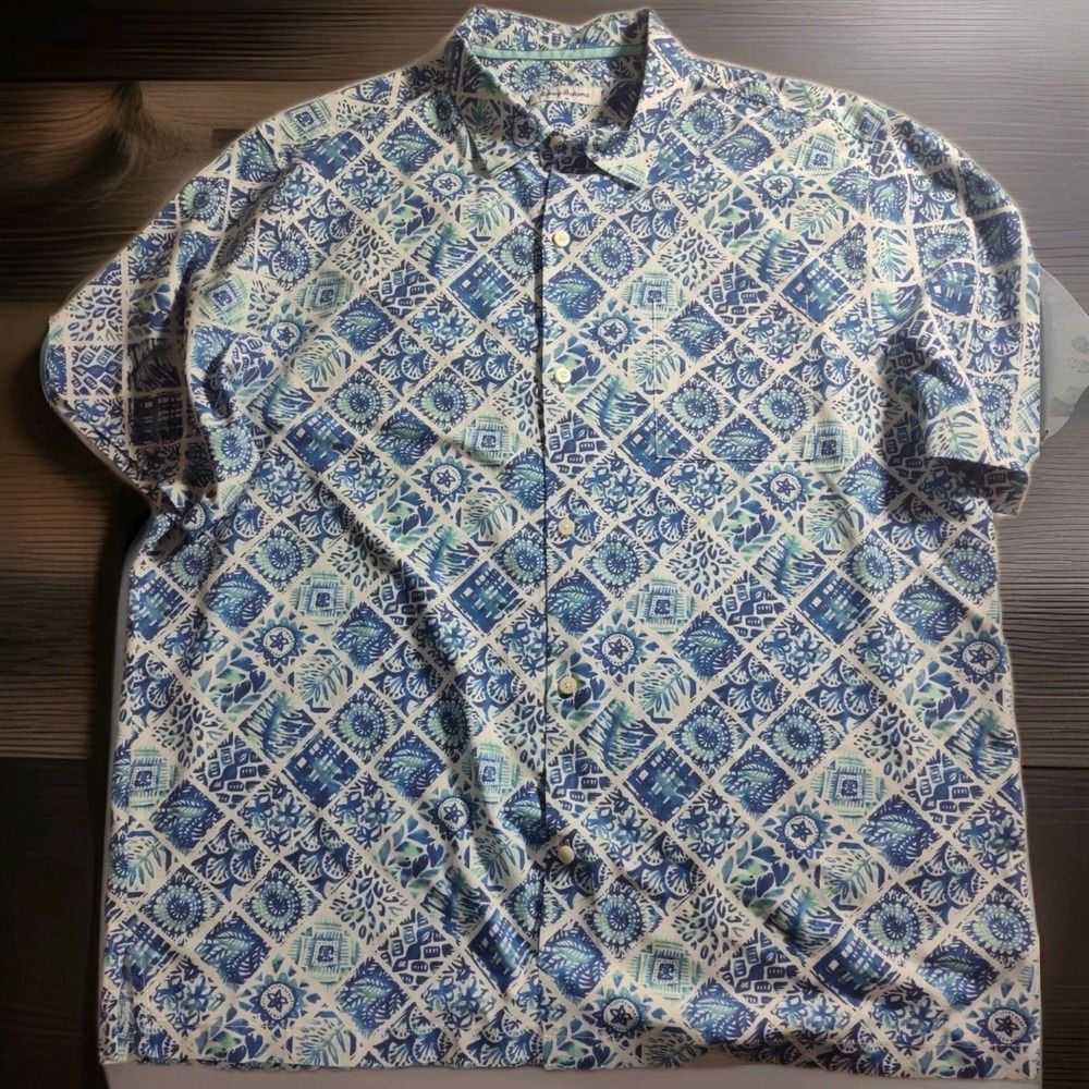 Tommy Bahama Men's XXL Shirt Beach Tone on Tone Blue/White 100% Silk Hawaii 1715